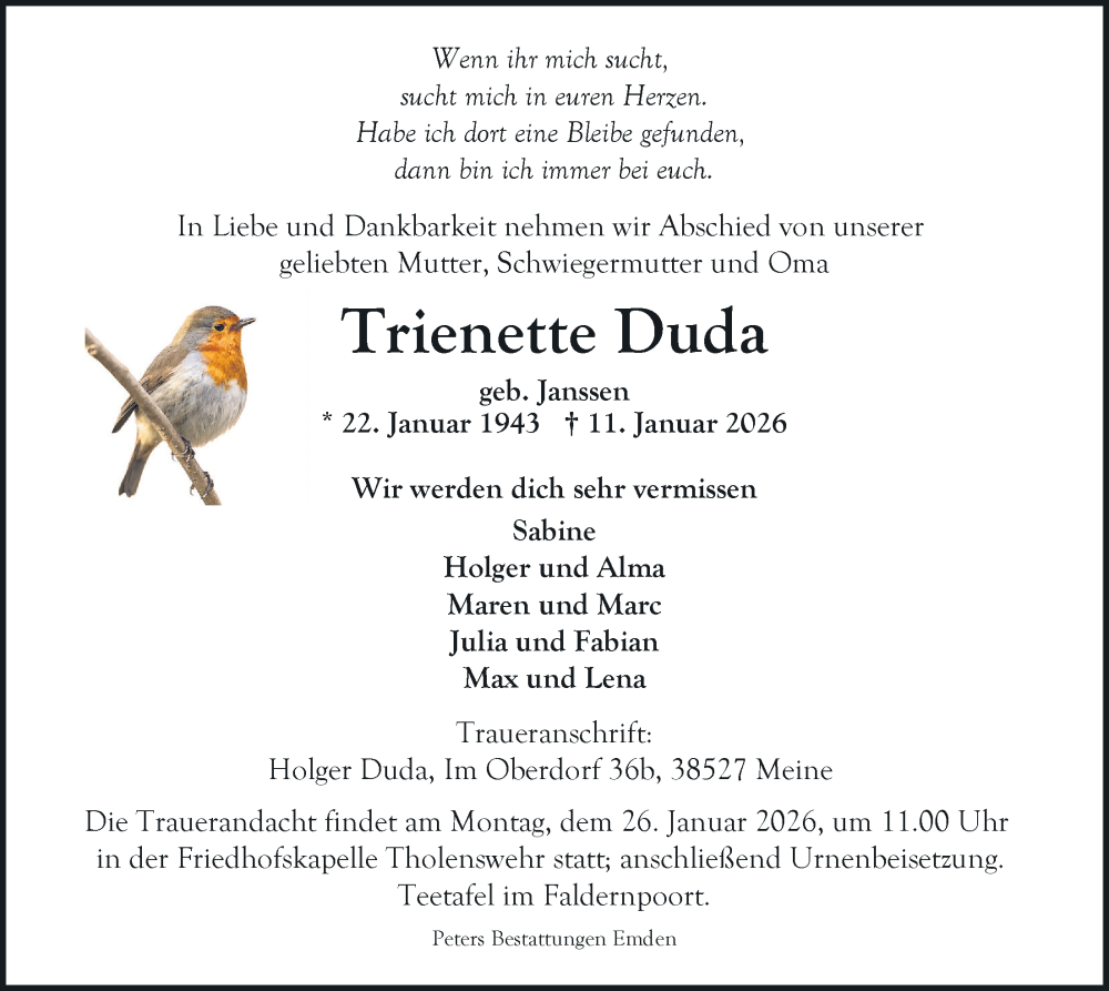  Traueranzeige für Trienette Duda vom 17.01.2026 aus Emder Zeitung