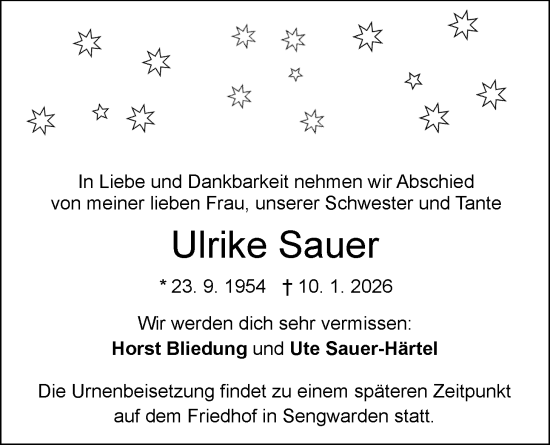 Traueranzeige von Ulrike Sauer von WZ/JW/AH