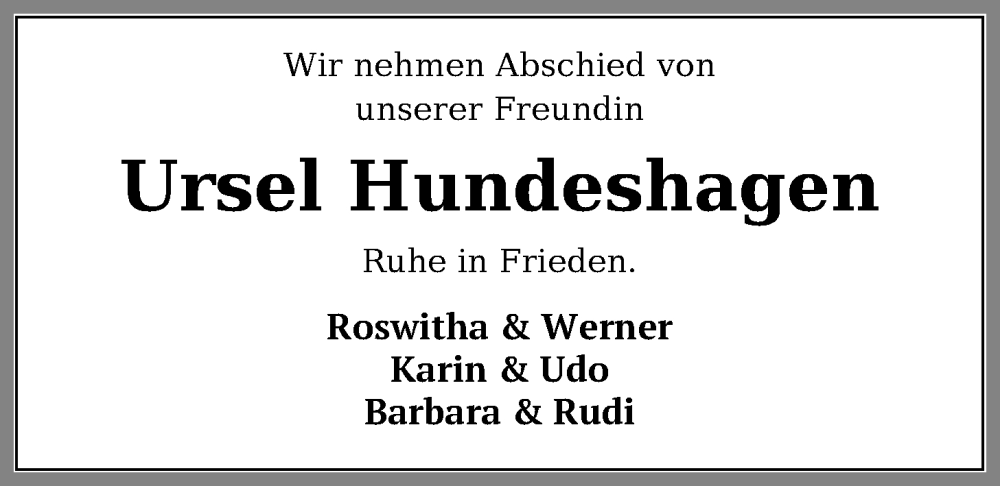  Traueranzeige für Ursel Hundeshagen vom 31.01.2026 aus WZ/JW/AH