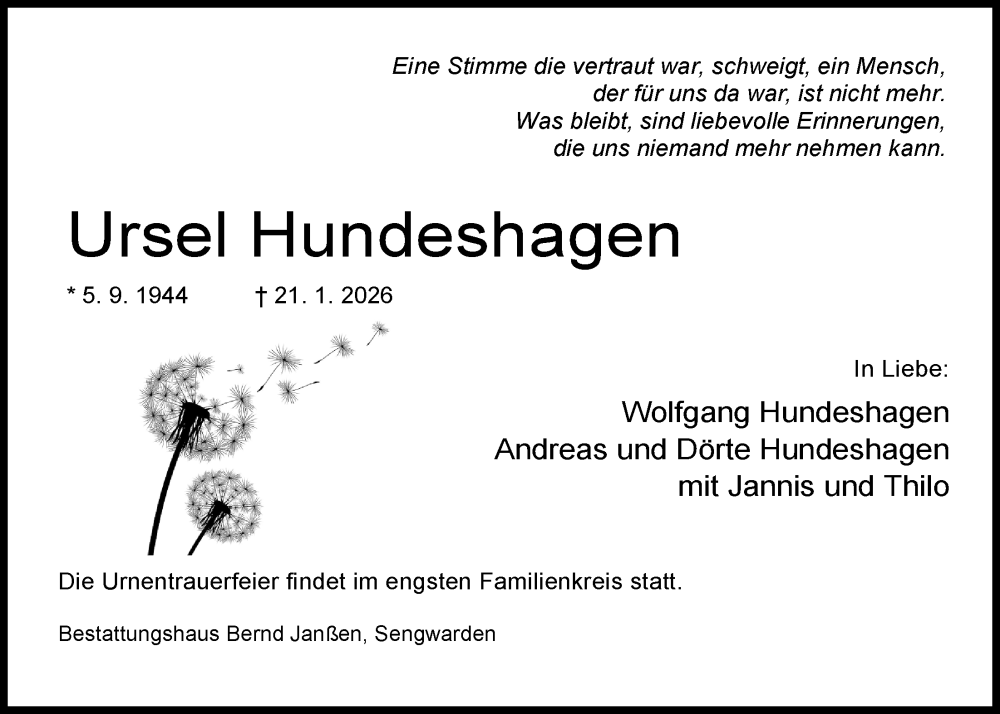  Traueranzeige für Ursel Hundeshagen vom 31.01.2026 aus WZ/JW/AH