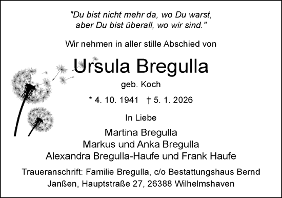 Traueranzeige von Ursula Bregulla von WZ/JW/AH