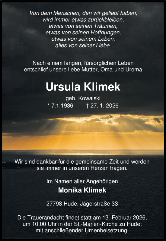 Traueranzeige von Ursula Klimek von Nordwest-Zeitung