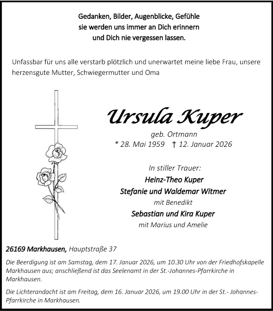 Traueranzeige von Ursula Kuper von Nordwest-Zeitung