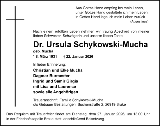 Traueranzeige von Ursula Schykowski-Mucha von Nordwest-Zeitung