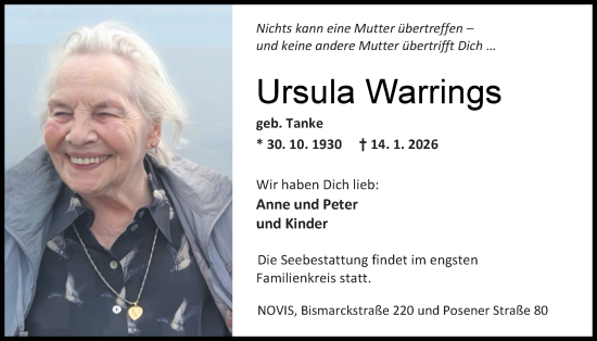 Traueranzeige von Ursula Warrings von WZ/JW/AH