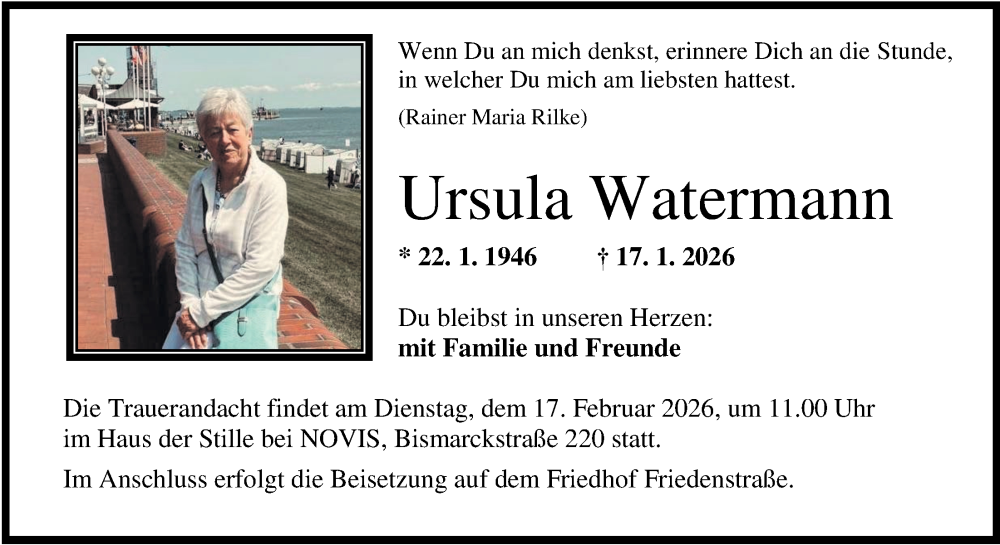  Traueranzeige für Ursula Watermann vom 31.01.2026 aus WZ/JW/AH