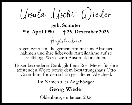 Traueranzeige von Ursula Wieder von Nordwest-Zeitung
