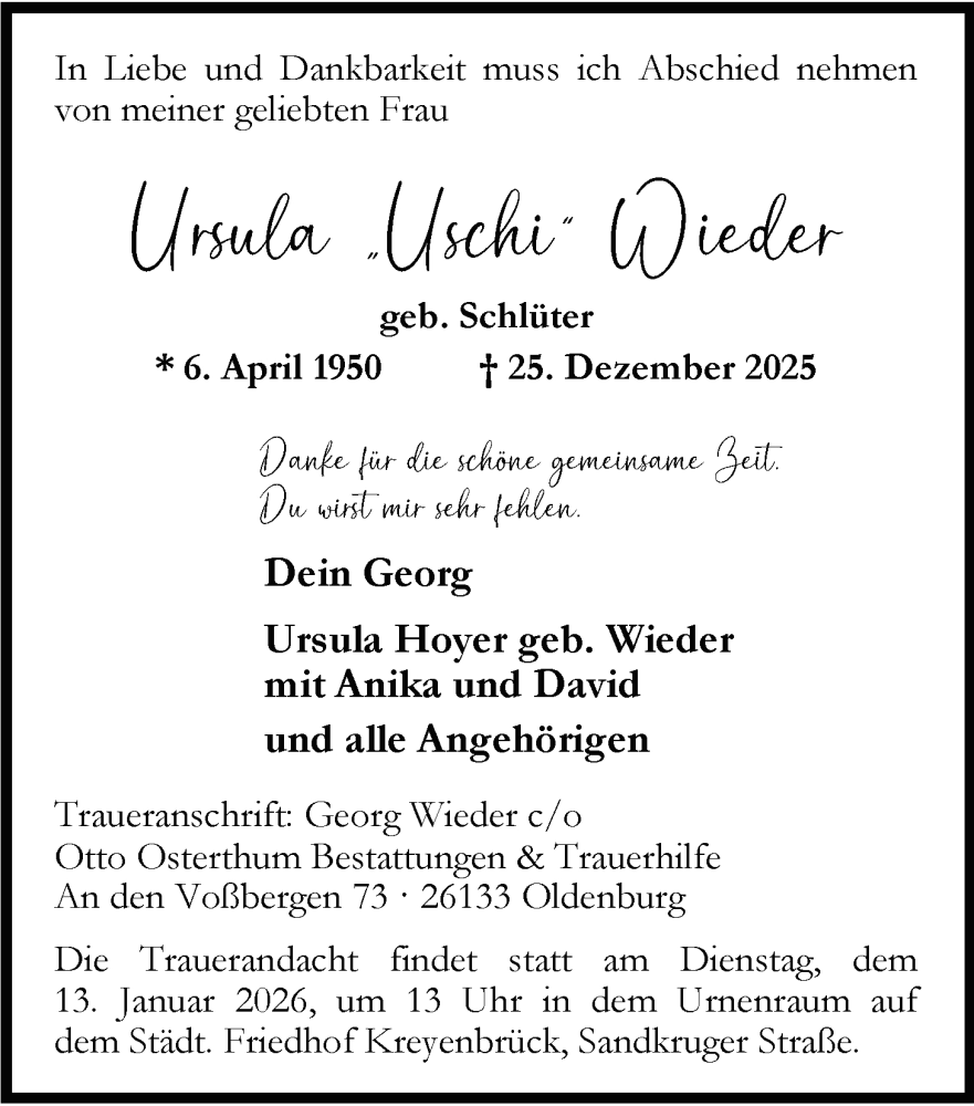  Traueranzeige für Ursula Wieder vom 10.01.2026 aus Nordwest-Zeitung
