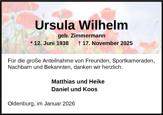 Traueranzeige von Ursula Wilhelm von Nordwest-Zeitung