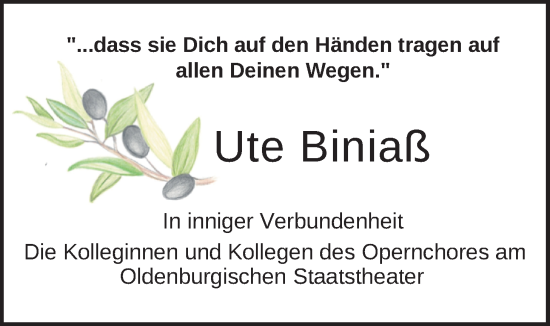 Traueranzeige von Ute Biniaß von Nordwest-Zeitung