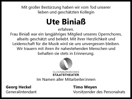 Traueranzeige von Ute Biniaß von Nordwest-Zeitung