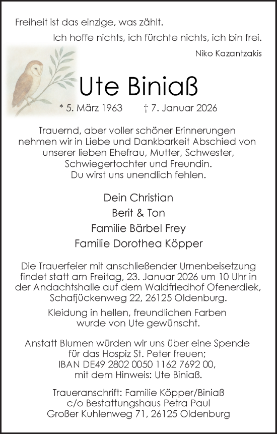 Traueranzeige von Ute Biniaß von Nordwest-Zeitung
