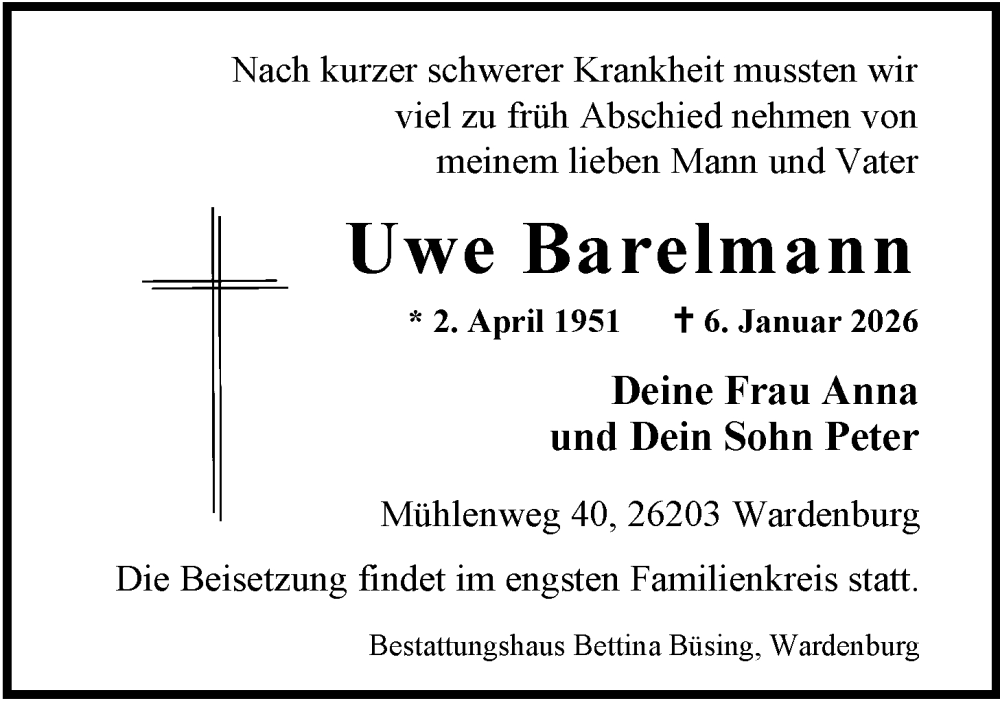  Traueranzeige für Uwe Barelmann vom 10.01.2026 aus Nordwest-Zeitung
