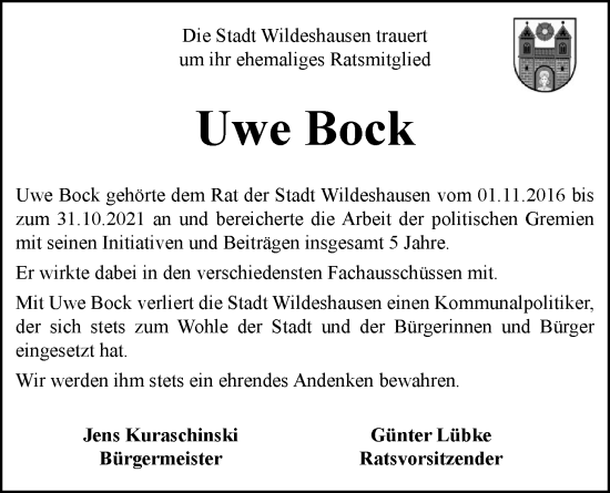 Traueranzeige von Uwe Bock von Nordwest-Zeitung