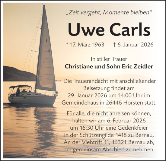Traueranzeige von Uwe Carls von WZ/JW/AH