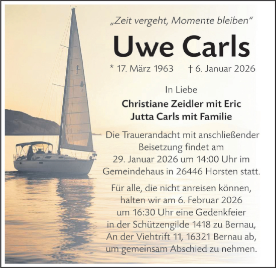 Traueranzeige von Uwe Carls von WZ/JW/AH