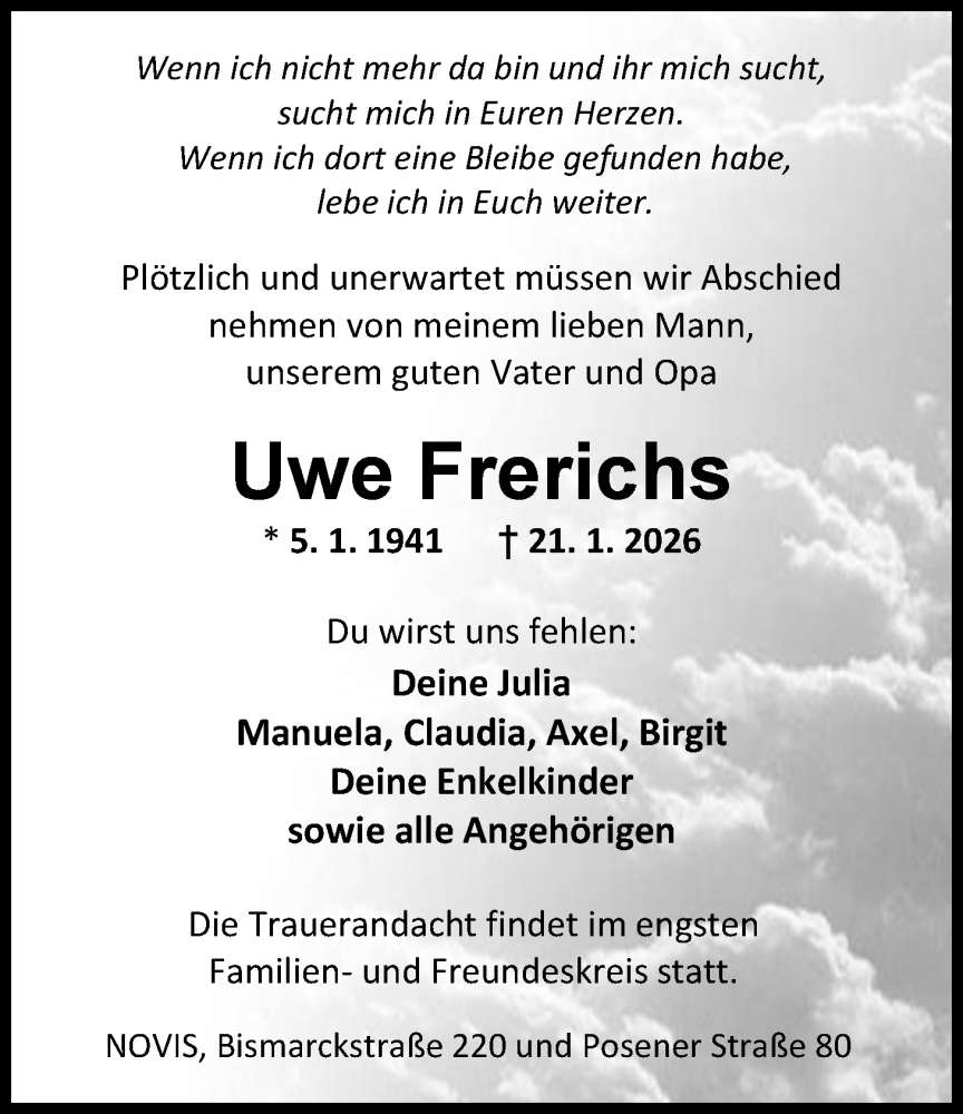  Traueranzeige für Uwe Frerichs vom 28.01.2026 aus WZ/JW/AH