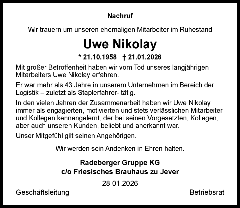  Traueranzeige für Uwe Nikolay vom 28.01.2026 aus WZ/JW/AH