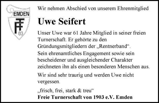 Traueranzeige von Uwe Seifert von Emder Zeitung