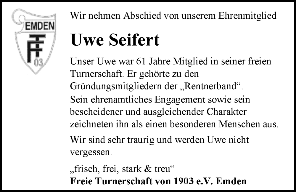  Traueranzeige für Uwe Seifert vom 20.01.2026 aus Emder Zeitung