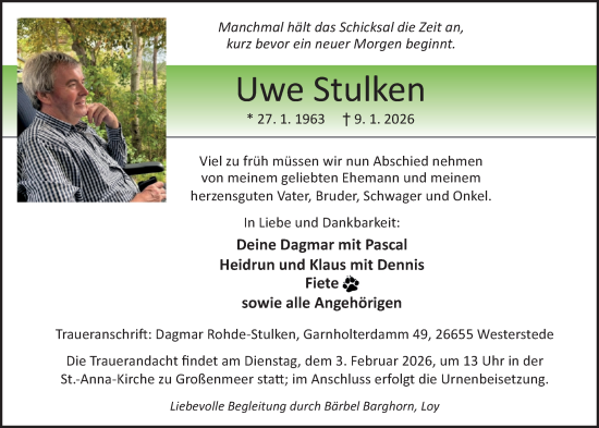 Traueranzeige von Uwe Stulken von Nordwest-Zeitung