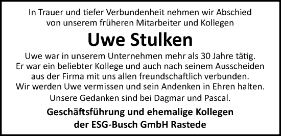 Traueranzeige von Uwe Stulken von Nordwest-Zeitung