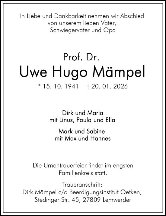 Traueranzeige von Uwe Hugo Mämpel von Nordwest-Zeitung