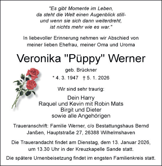 Traueranzeige von Veronika Werner von WZ/JW/AH