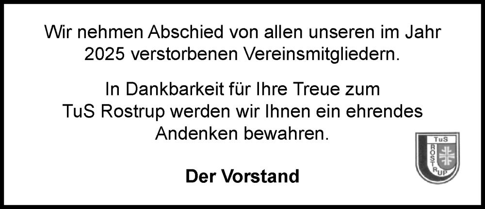  Traueranzeige für verst. Mitglieder 2025 vom 30.01.2026 aus Nordwest-Zeitung
