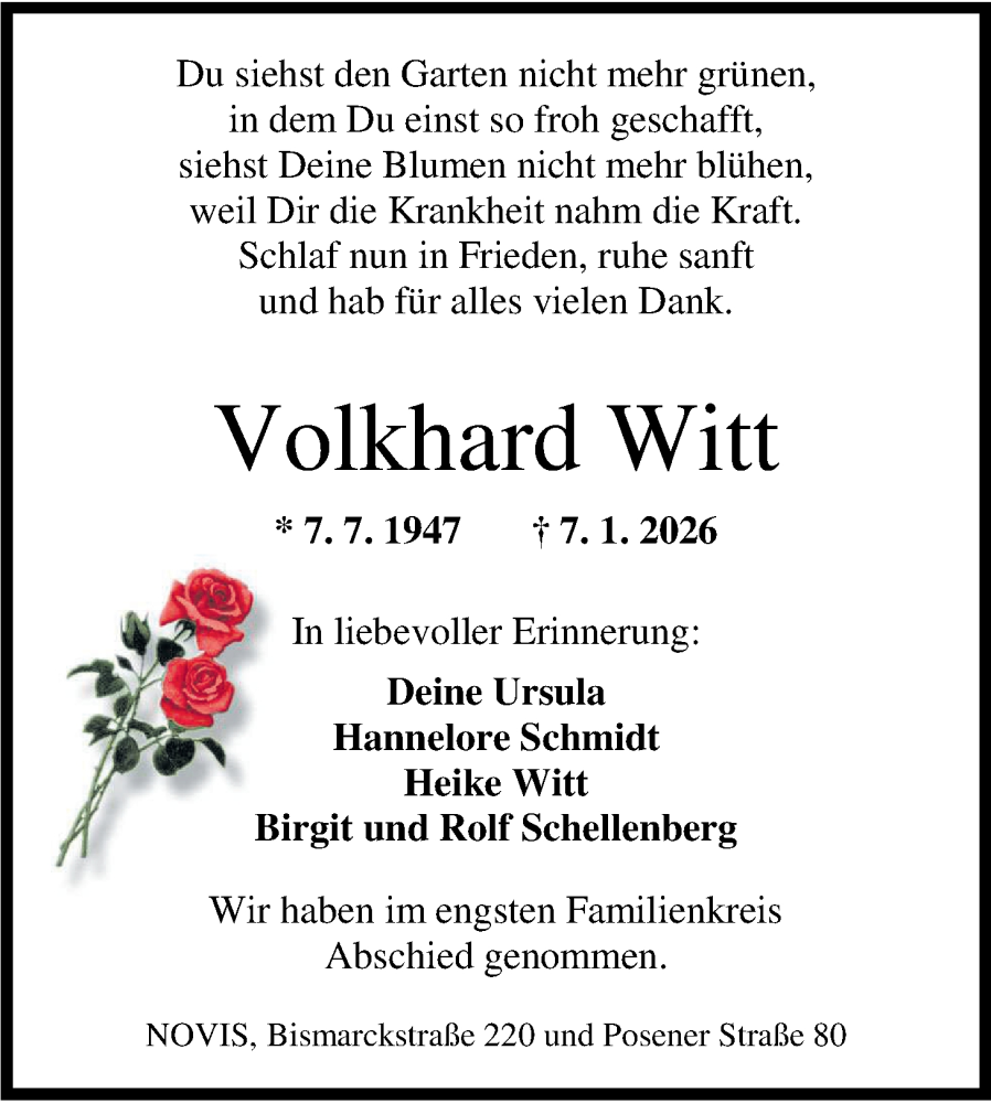  Traueranzeige für Volkhard Witt vom 31.01.2026 aus WZ/JW/AH
