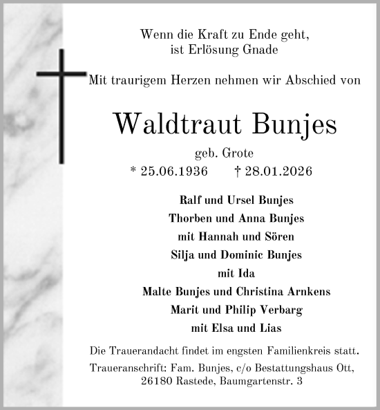 Traueranzeige von Waldtraut Bunjes von Nordwest-Zeitung