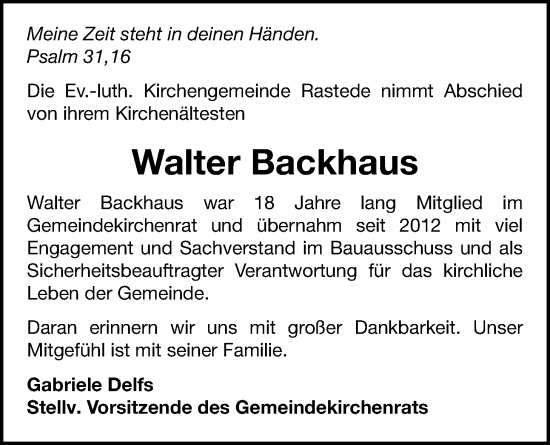 Traueranzeige von Walter Backhaus von Nordwest-Zeitung