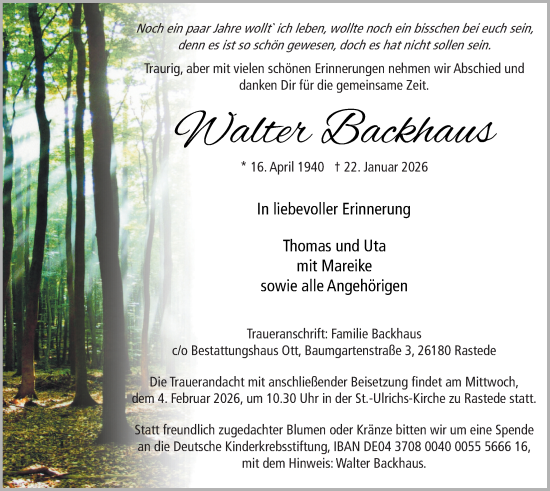 Traueranzeige von Walter Backhaus von Nordwest-Zeitung
