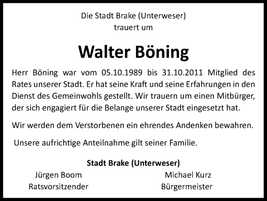 Traueranzeige von Walter Böning von Nordwest-Zeitung