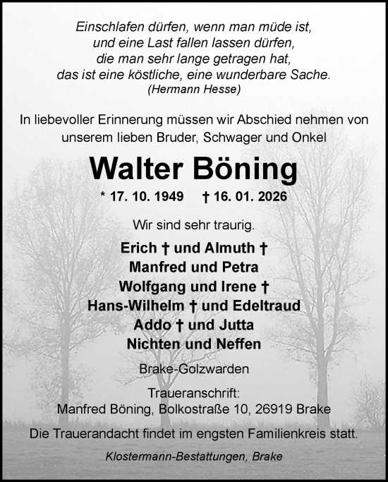 Traueranzeige von Walter Böning von Nordwest-Zeitung