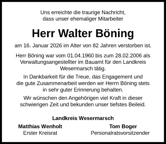 Traueranzeige von Walter Böning von Nordwest-Zeitung