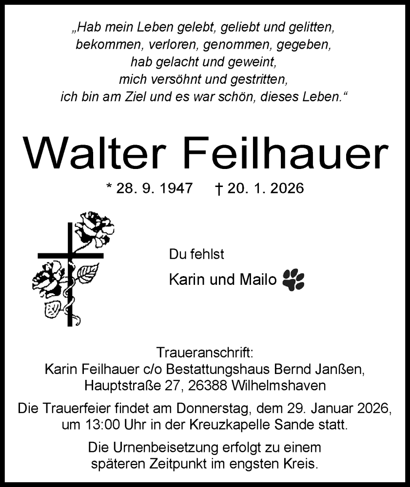  Traueranzeige für Walter Feilhauer vom 24.01.2026 aus WZ/JW/AH
