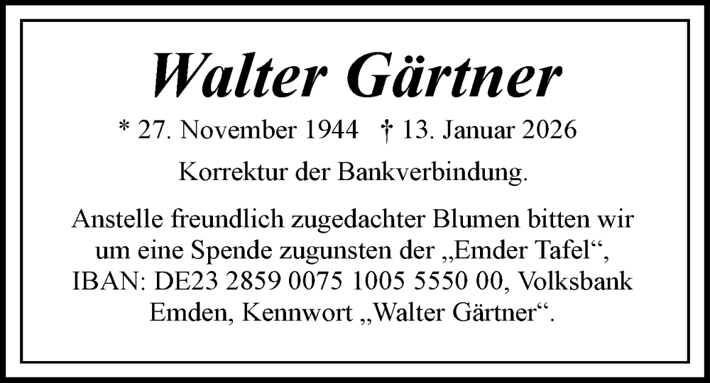  Traueranzeige für Walter Gärtner vom 22.01.2026 aus Emder Zeitung