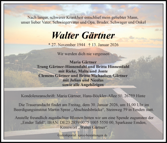 Traueranzeige von Walter Gärtner von Emder Zeitung
