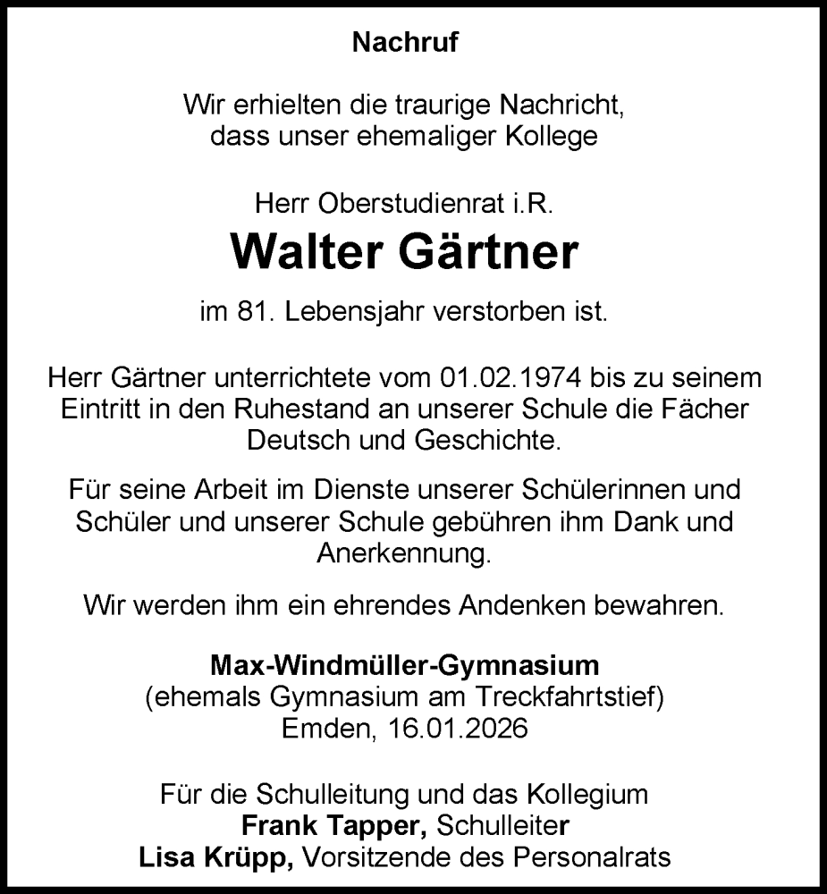  Traueranzeige für Walter Gärtner vom 17.01.2026 aus Emder Zeitung
