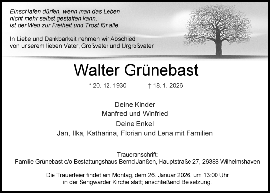 Traueranzeige von Walter Grünebast von WZ/JW/AH