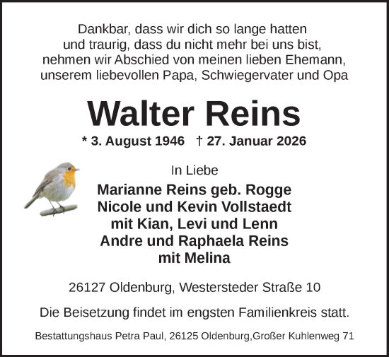 Traueranzeige von Walter Reins von Nordwest-Zeitung