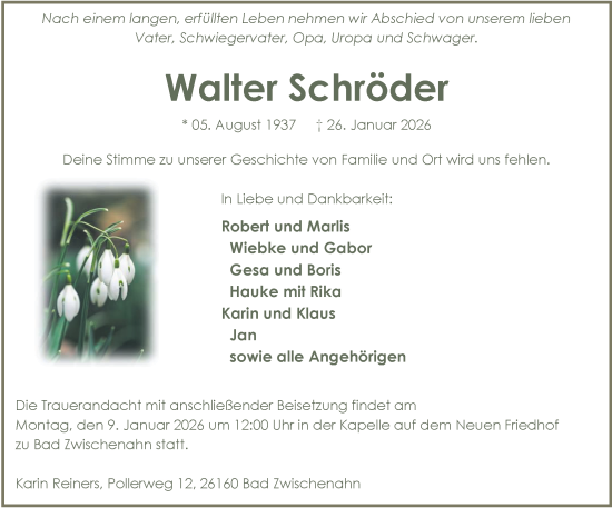 Traueranzeige von Walter Schröder von Nordwest-Zeitung