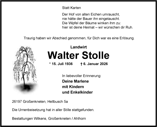 Traueranzeige von Walter Stolle von Nordwest-Zeitung