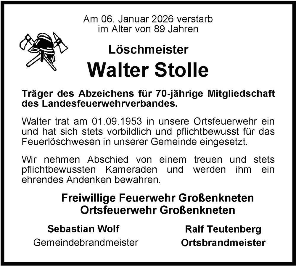  Traueranzeige für Walter Stolle vom 21.01.2026 aus Nordwest-Zeitung