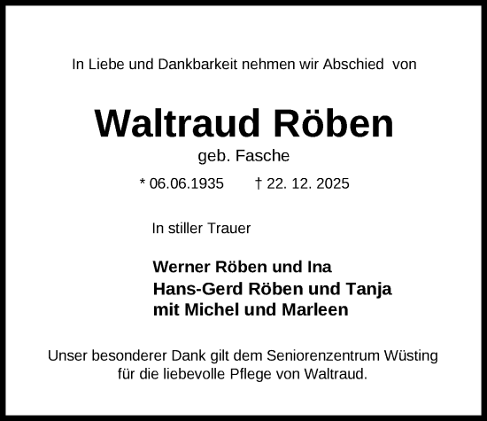 Traueranzeige von Waltraud Röben von Nordwest-Zeitung