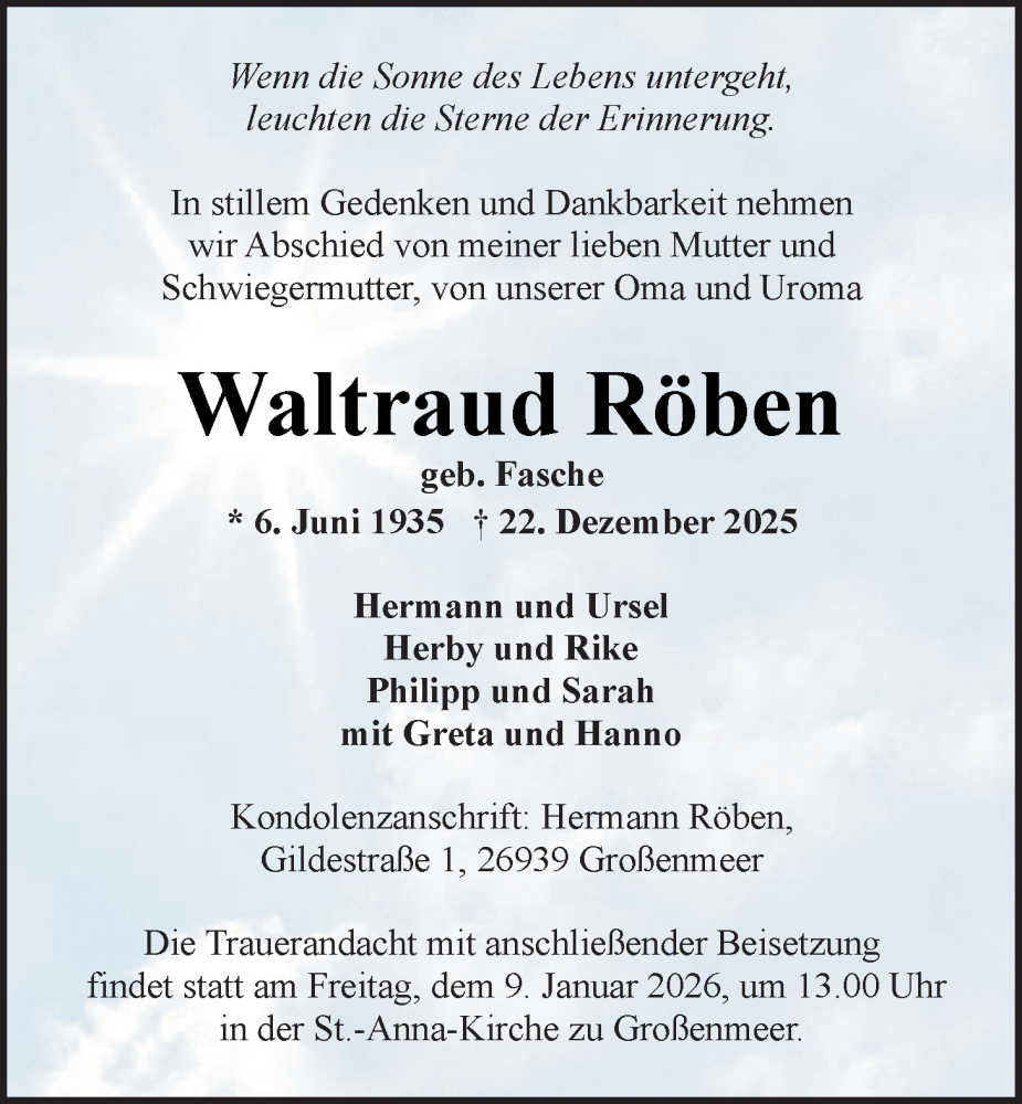  Traueranzeige für Waltraud Röben vom 03.01.2026 aus Nordwest-Zeitung