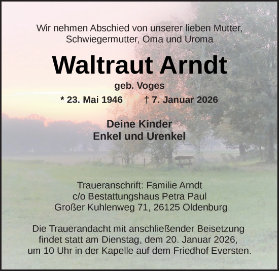 Traueranzeige von Waltraut Arndt von Nordwest-Zeitung