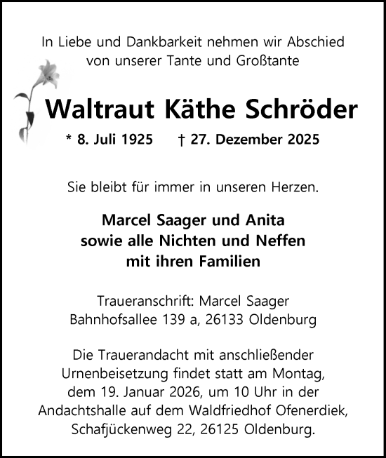 Traueranzeige von Waltraut Käthe Schröder von Nordwest-Zeitung