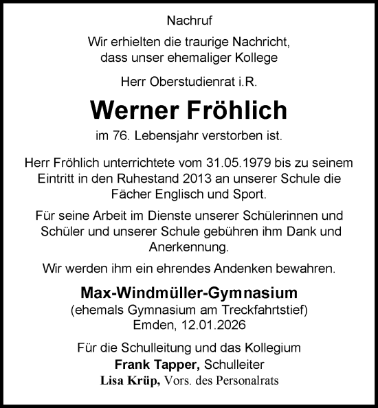 Traueranzeige von Werner Fröhlich von Emder Zeitung